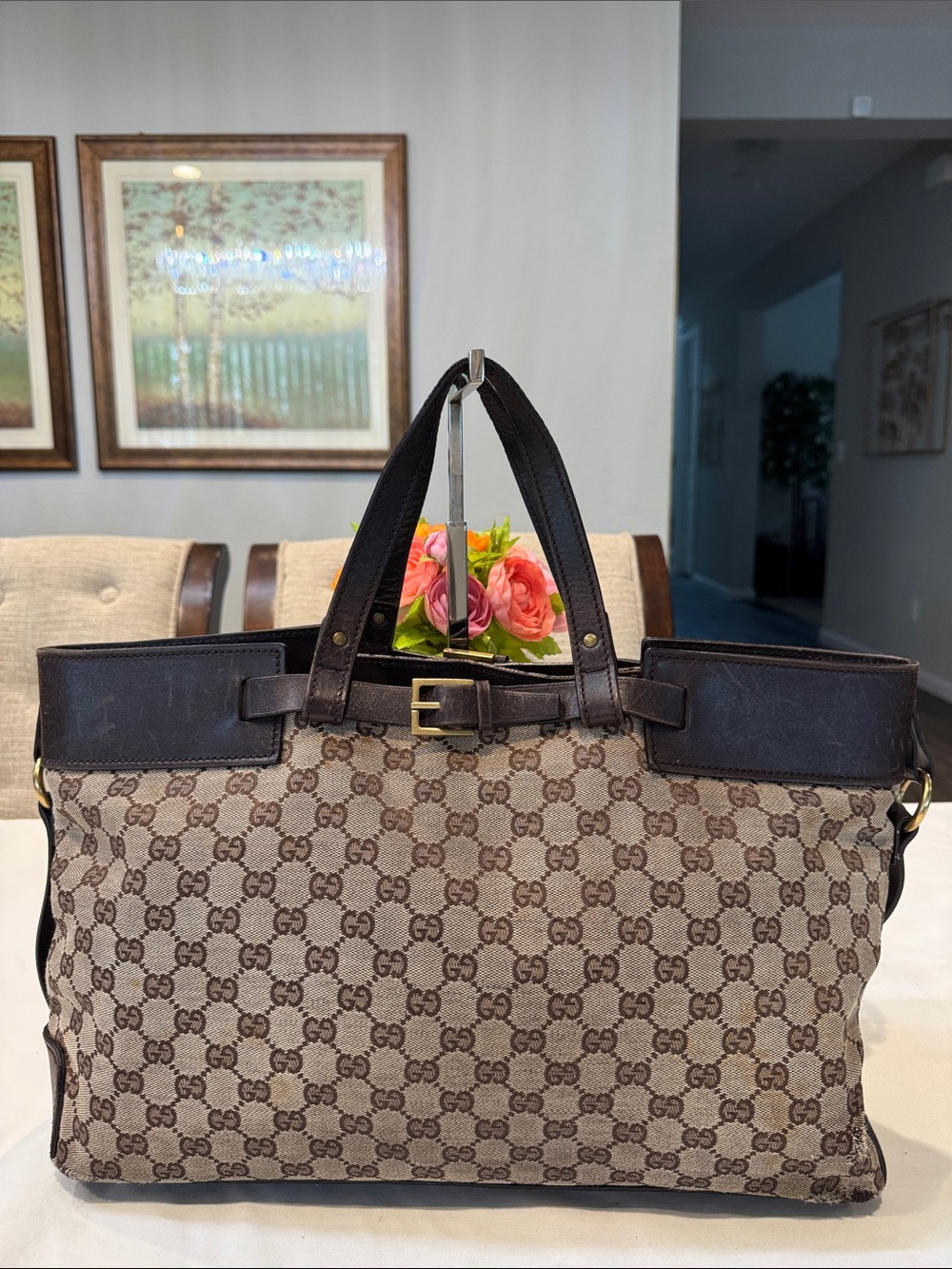 Authentic Gucci Beige Brown GG Canvas Tote with Dark Brown Trim